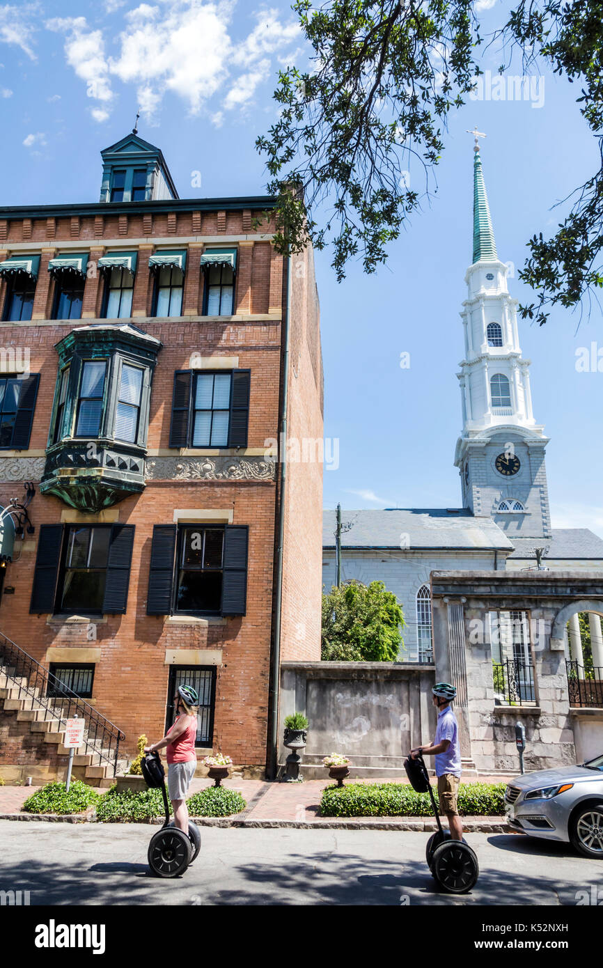 Savannah Georgia,historic district,Chippewa Square,Foley House Inn,bed & breakfast,haunted house,exterior,Independent Presbyterian Church,steeple,USA Stock Photo