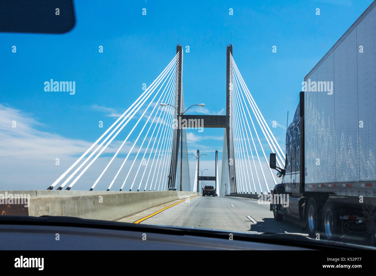 Savannah Georgia,Talmadge Memorial Bridge,cable-stayed bridge,truck,roadway,USA US United States America North American,GA170512144 Stock Photo