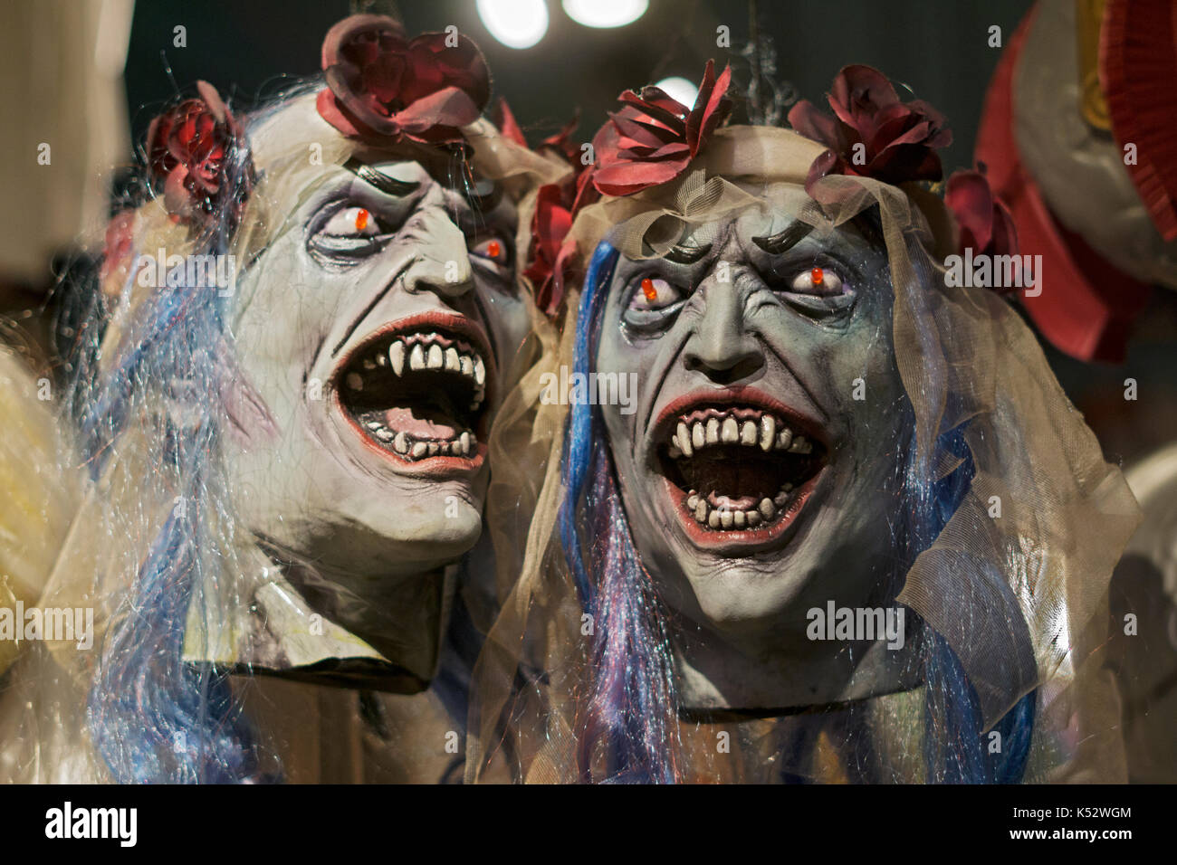 Scary masks for sale at the Halloween Adventure,, a costume store on Broadway in Greenwich Village, New York City. Stock Photo