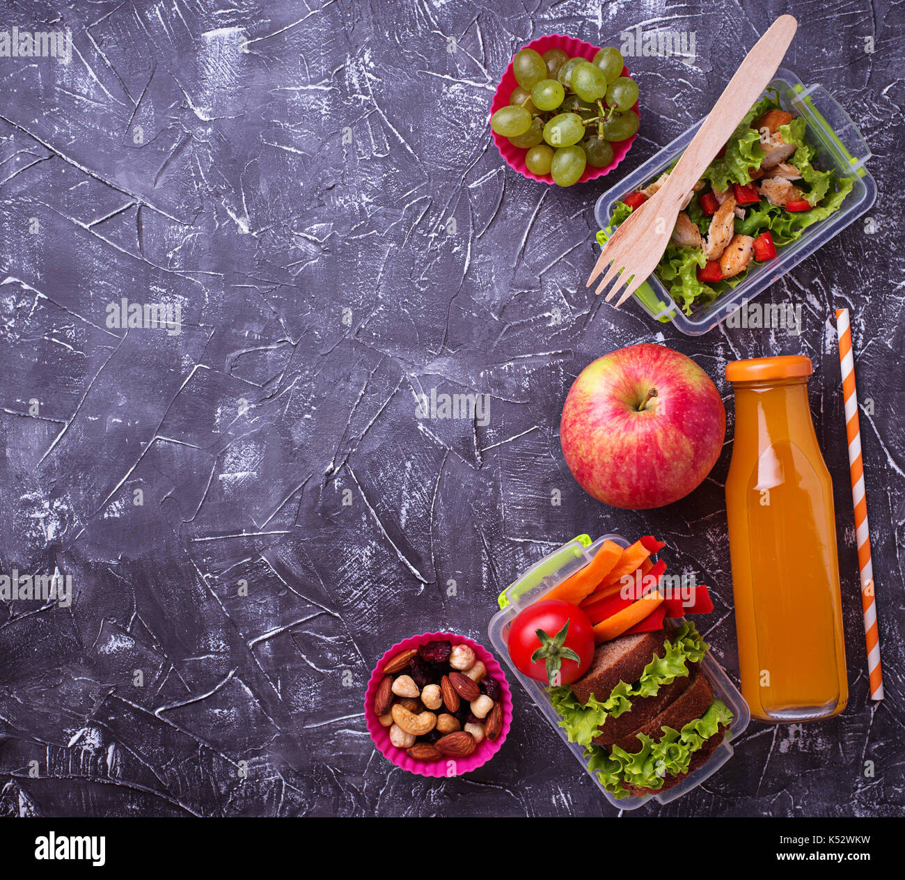 School lunch. Salad, sandwiches, fruits and nuts Stock Photo Alamy
