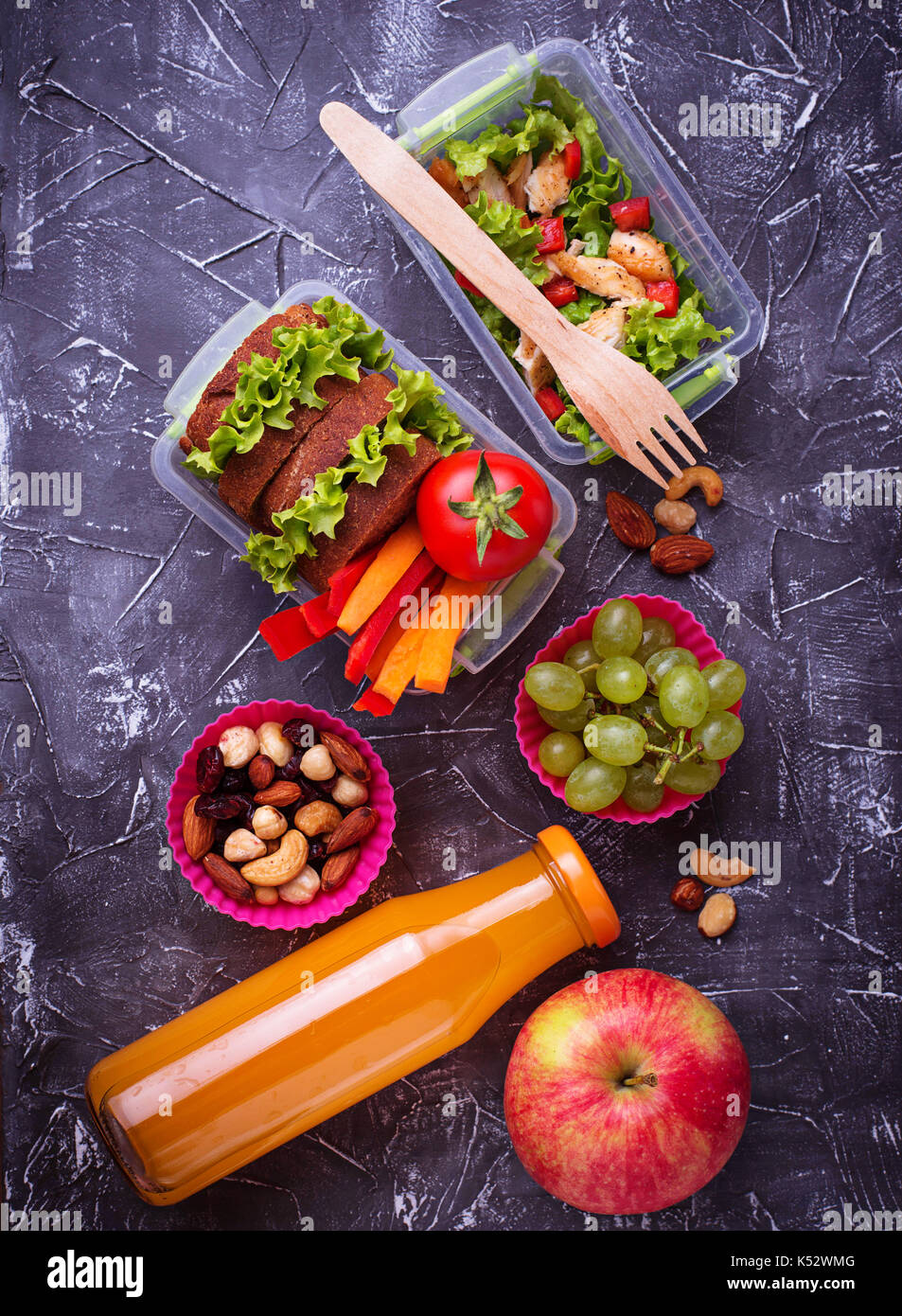 School lunch. Salad, sandwiches, fruits and nuts Stock Photo Alamy