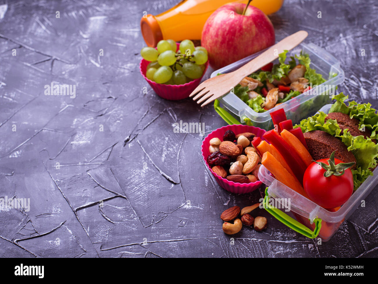 School lunch. Salad, sandwiches, fruits and nuts Stock Photo Alamy
