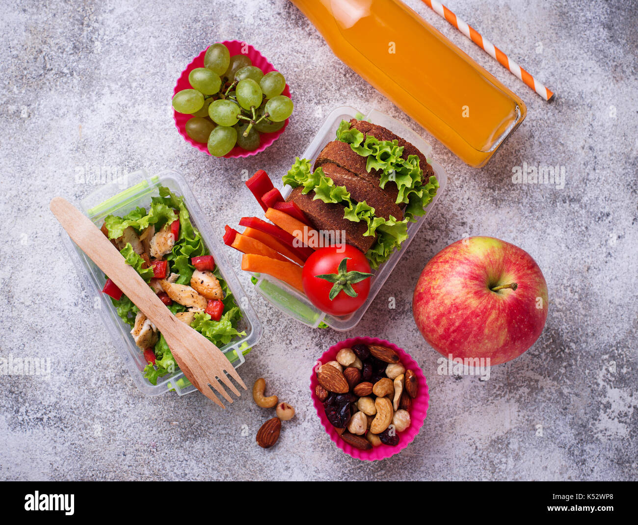 School lunch. Salad, sandwiches, fruits and nuts Stock Photo Alamy