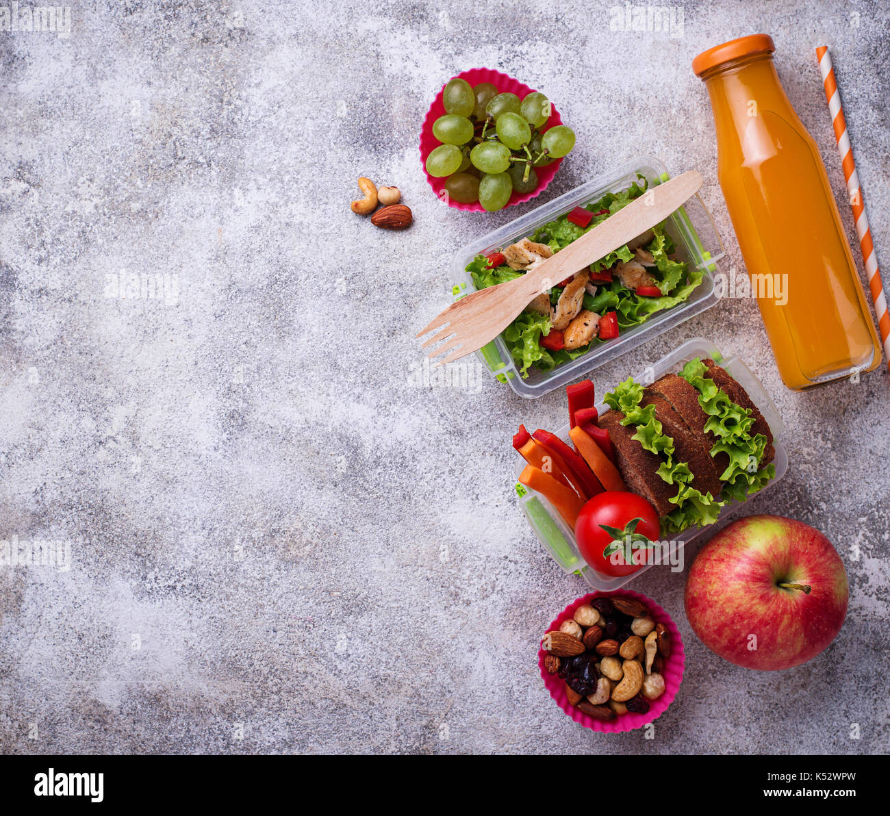 School lunch. Salad, sandwiches, fruits and nuts Stock Photo Alamy