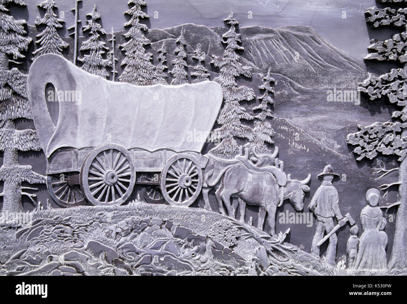 Entrance sign, Oregon Trail Interpretive Park at Blue Mountain Crossing, Wallowa-Whitman National Forest, Oregon Stock Photo