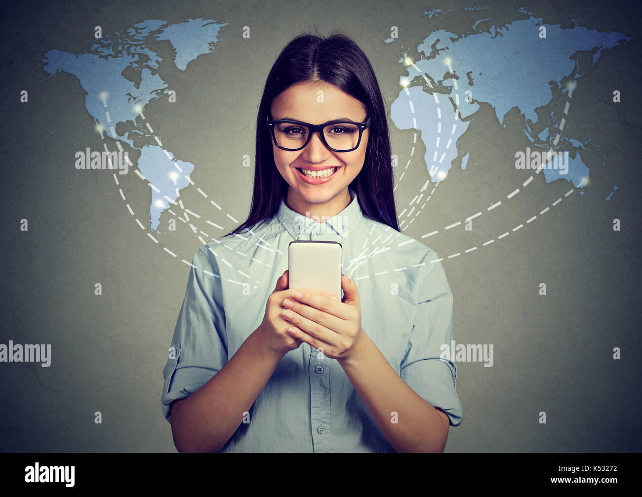 Modern communication technology mobile web connection concept. Happy woman holding smartphone connected browsing internet worldwide Stock Photo