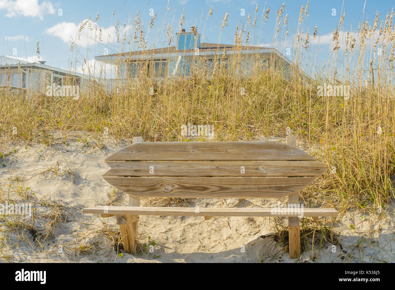 Surf board shaped bench at Wrightsville Beach, Wilmington, NC Stock Photo