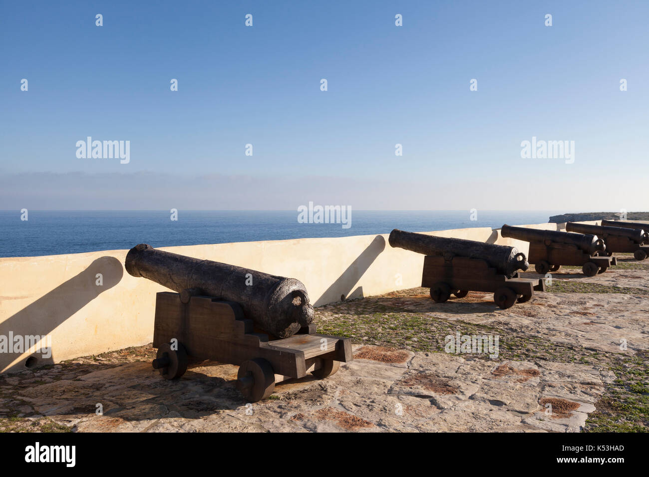 Sagres, Portugal: Row of canons at the Fortress of Sagres. The peninsula of Sagres Point is near the southwestern most point in Portugal and continent Stock Photo