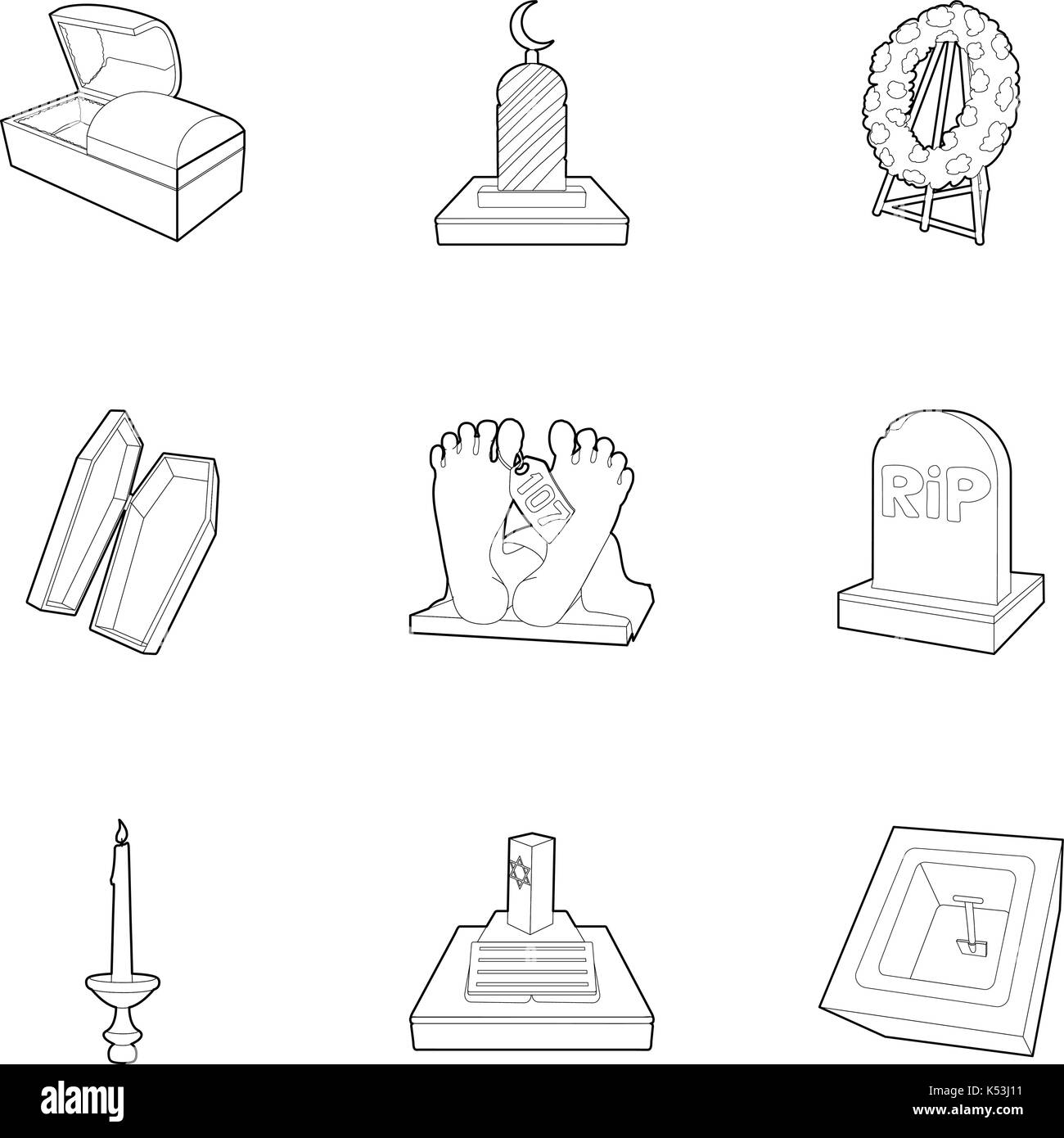 Exequies icons set, outline style Stock Vector
