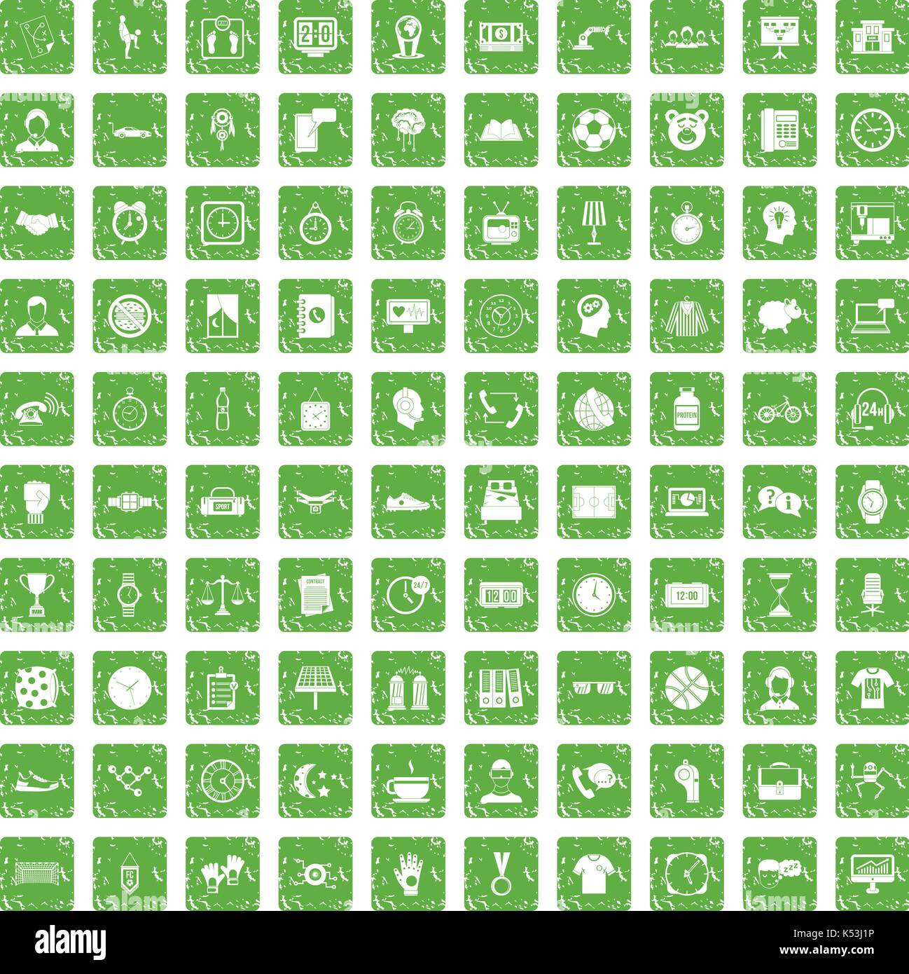100 clock icons set grunge green Stock Vector