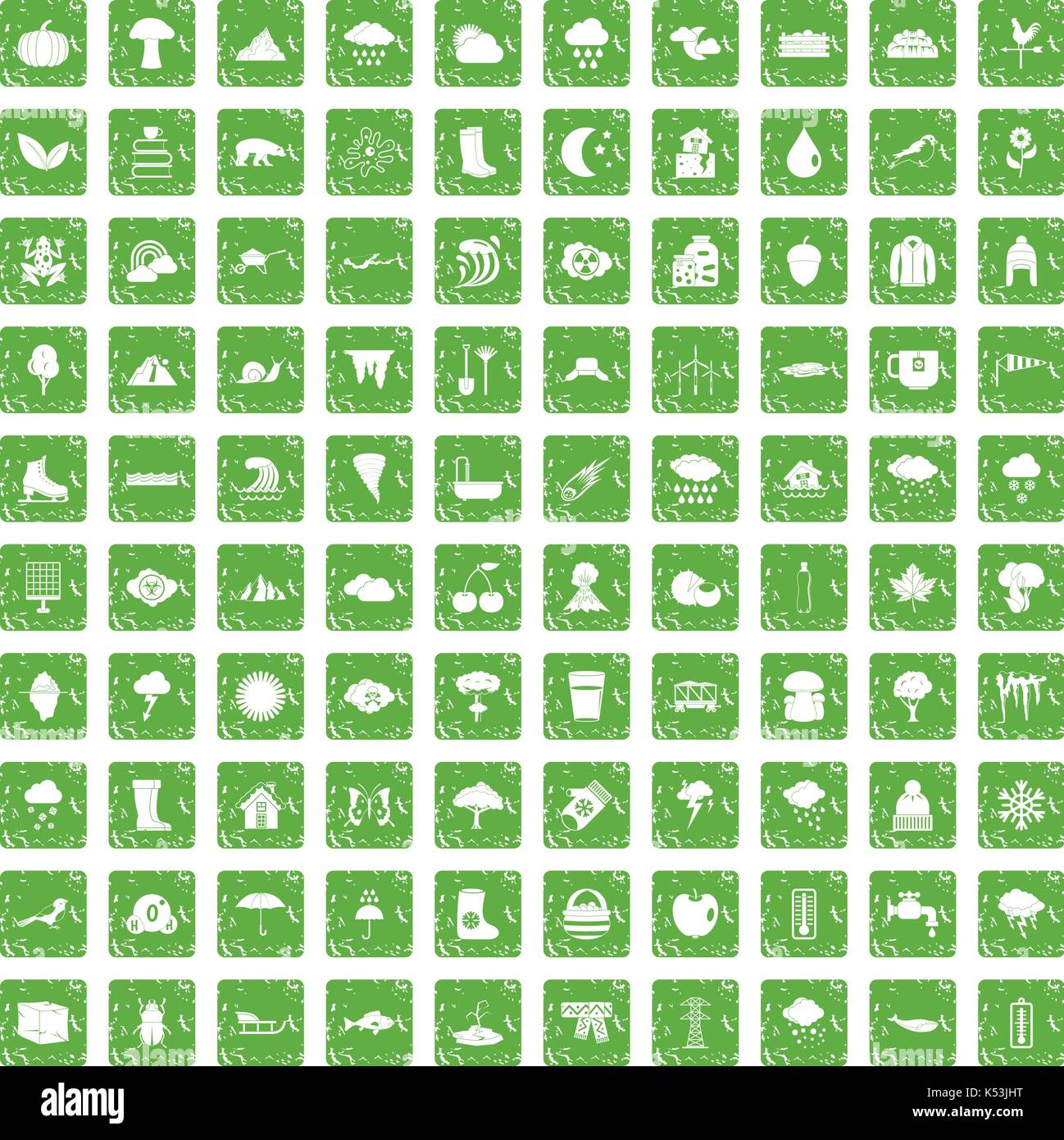 100 clouds icons set grunge green Stock Vector