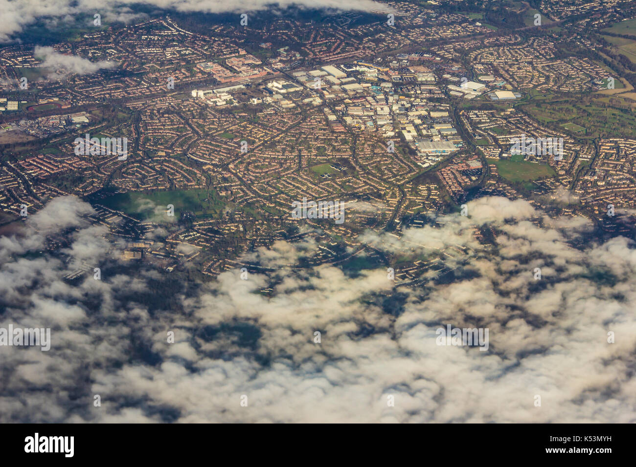 Small city and  Farm landscape with some clouds made from airplane illuminator Stock Photo