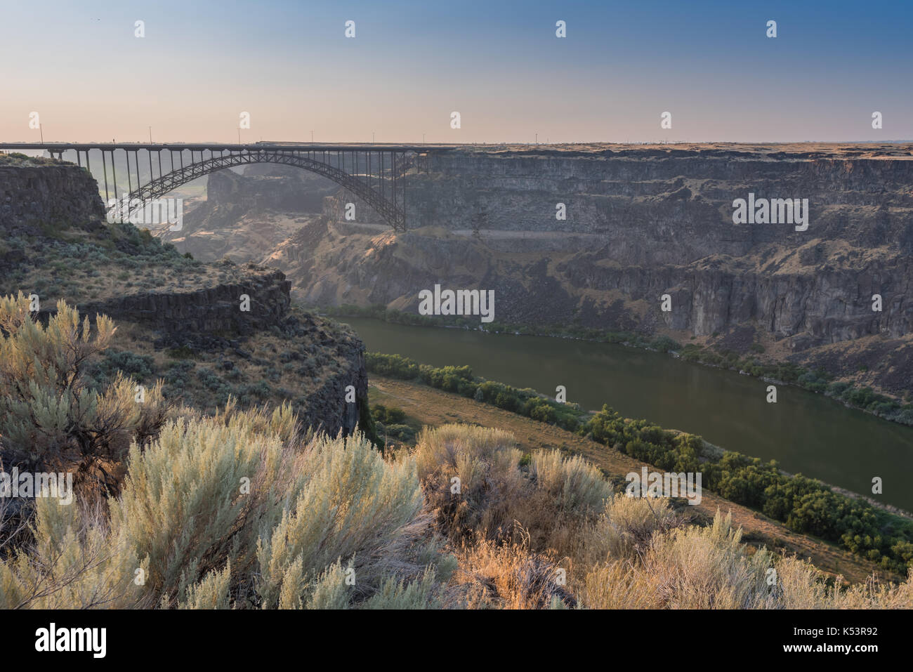 Perrine Bridge Spans The Canyon Above The Snake River just before sunset Stock Photo