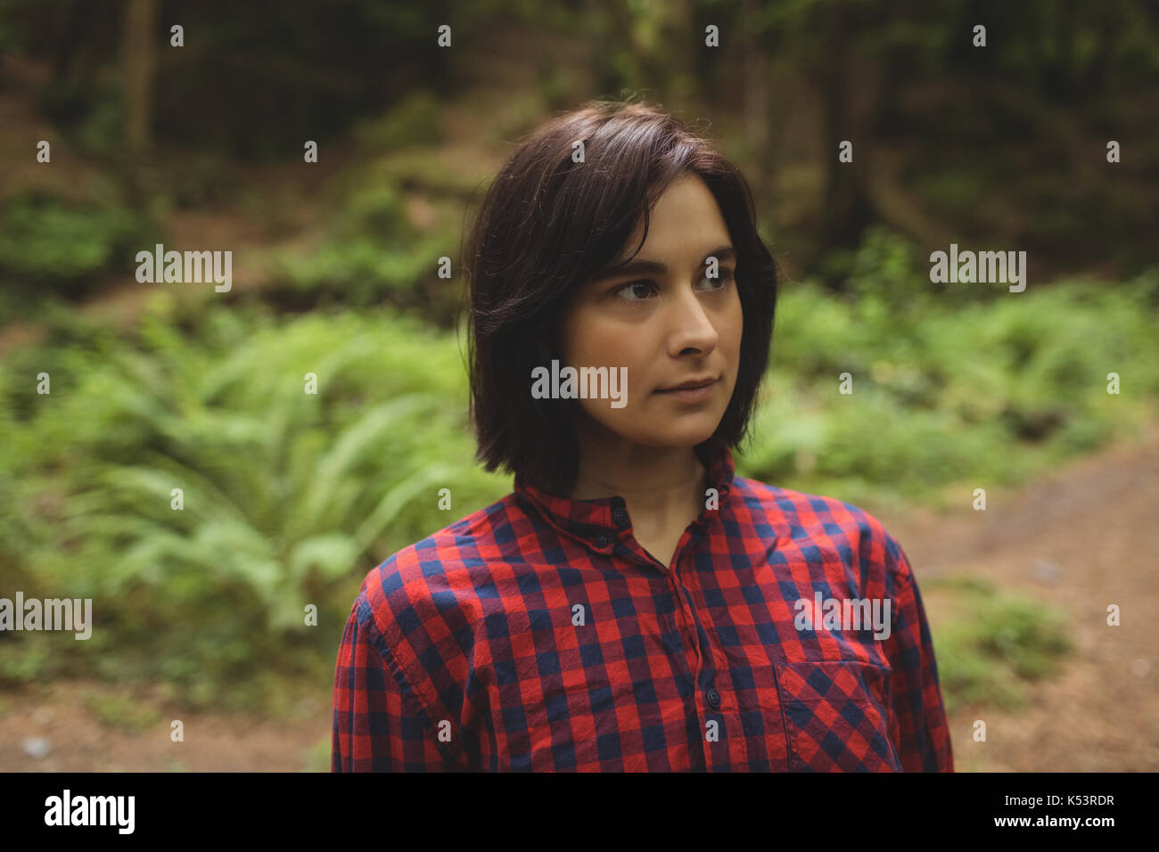 Thoughtful woman standing in forest Stock Photo