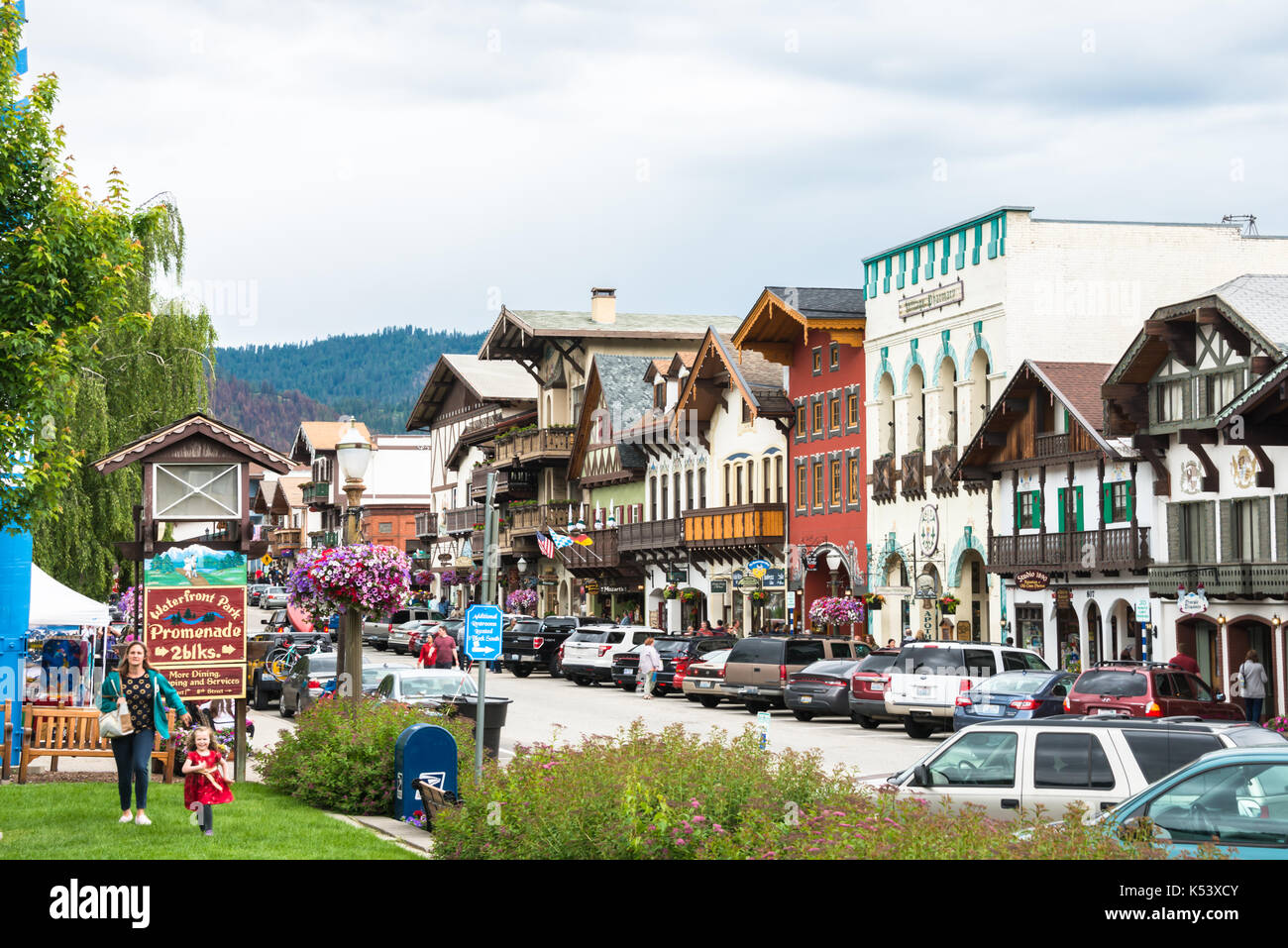 Mains Street Scene in Bavarian-Themed Mountain Village of Leavenworth, Washington Stock Photo