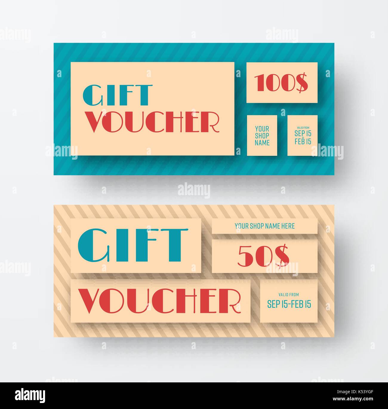 Vector vintage gift voucher design. Template coupon in retro style with  blocks for information soaring over the striped background. Set Stock  Vector Image & Art - Alamy