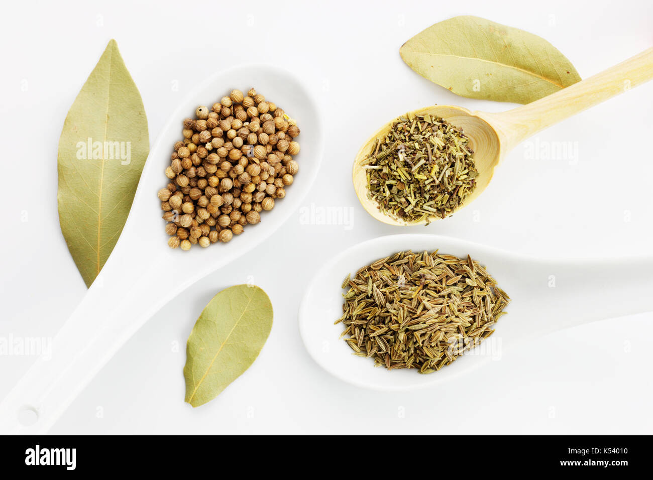 Various spices oregano, coriander seeds, bay leaves and cumin seeds