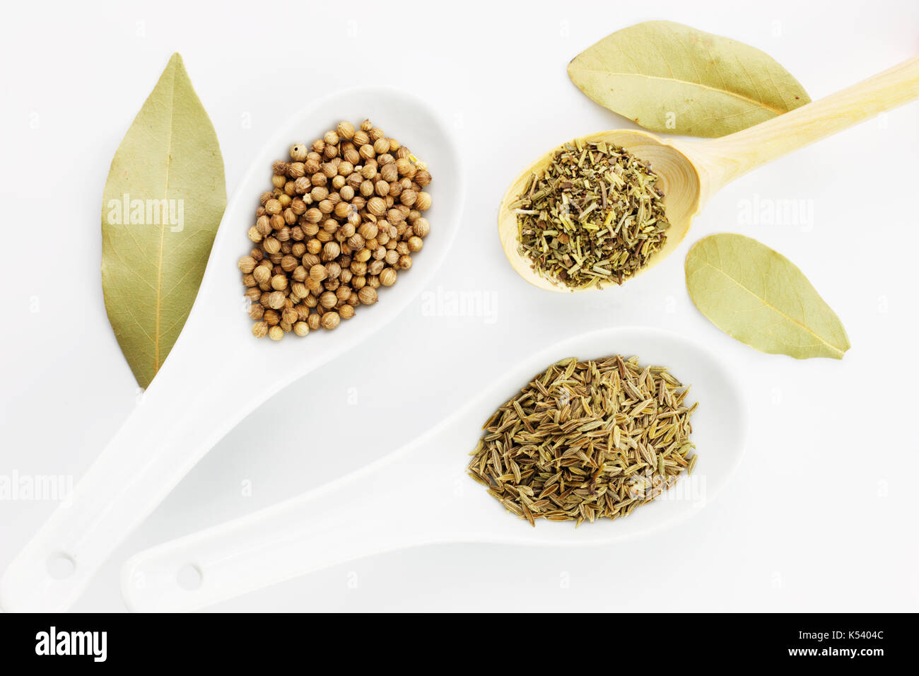 Various spices oregano, coriander seeds, bay leaves and cumin seeds