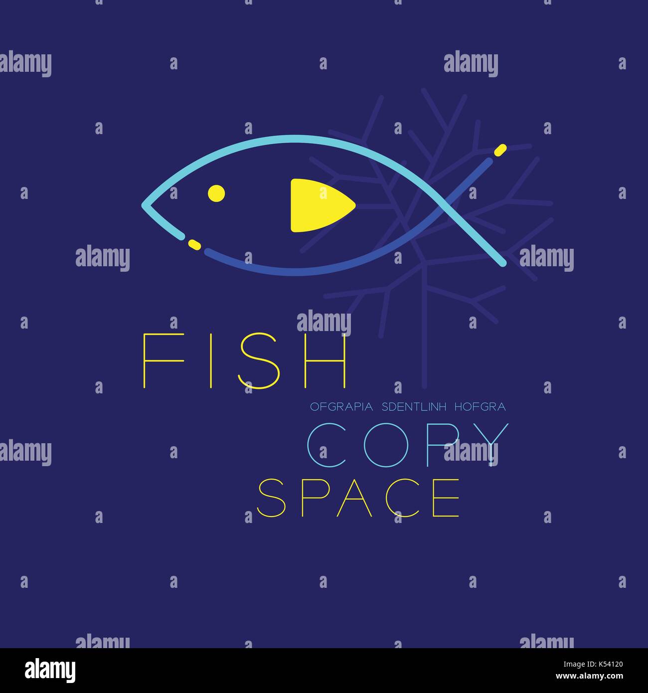 Fish and Coral logo icon outline stroke set dash line design illustration blue and yellow color isolated on dark blue background with Fish text and co Stock Vector