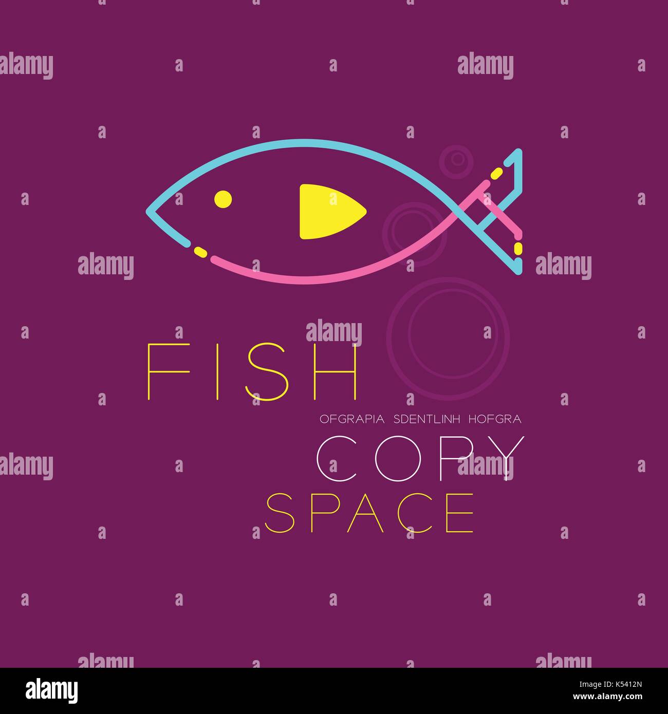 Fish and Air bubble logo icon outline stroke set dash line design illustration blue pink and yellow color isolated on purple background with Fish text Stock Vector