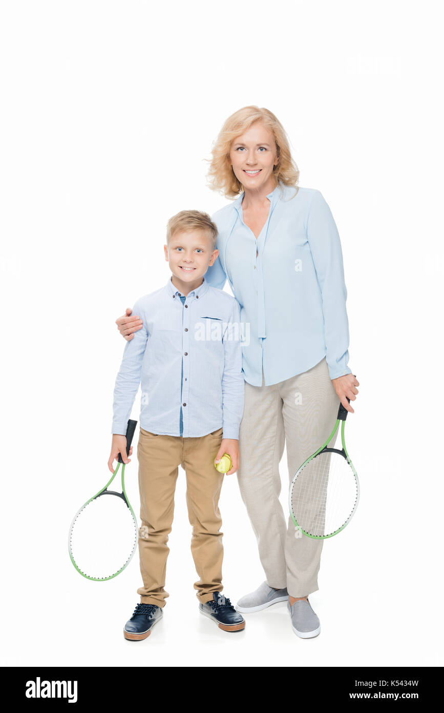 family with tennis equipment Stock Photo