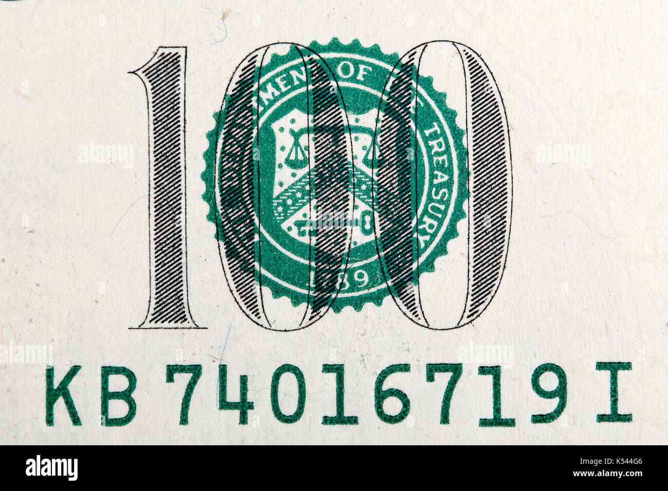 Number of one hundred dollar bill in macro. High quality texture on macro. Stock Photo