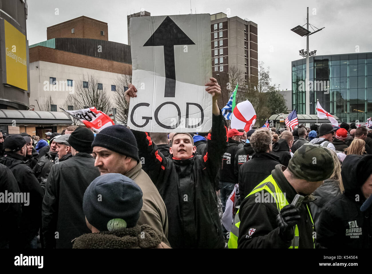 English Defence League (EDL) protest march in Luton town, Bedfordshire, UK. Stock Photo