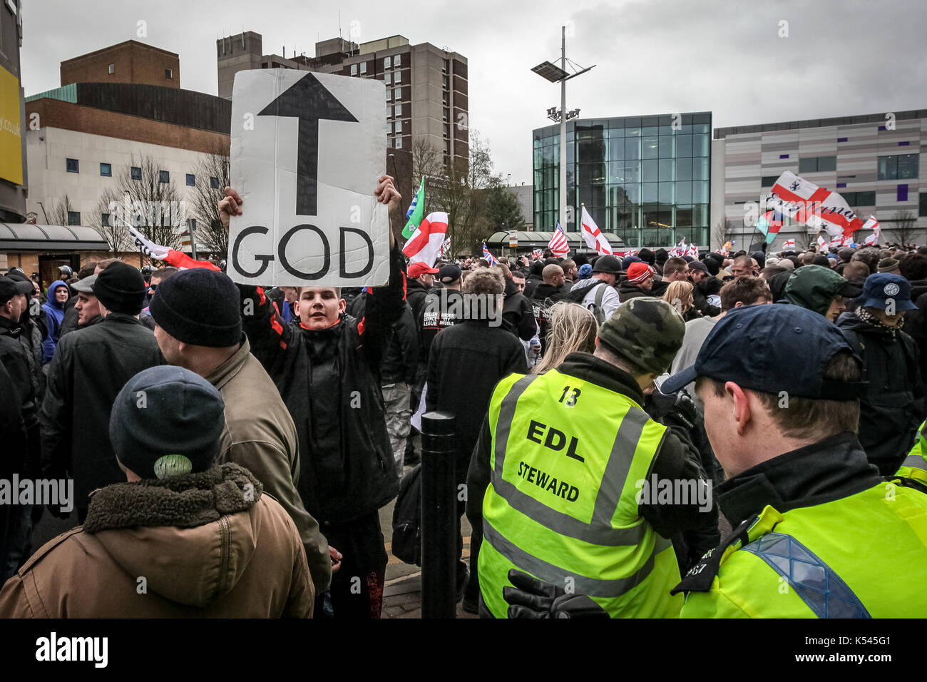 English Defence League (EDL) protest march in Luton town, Bedfordshire, UK. Stock Photo