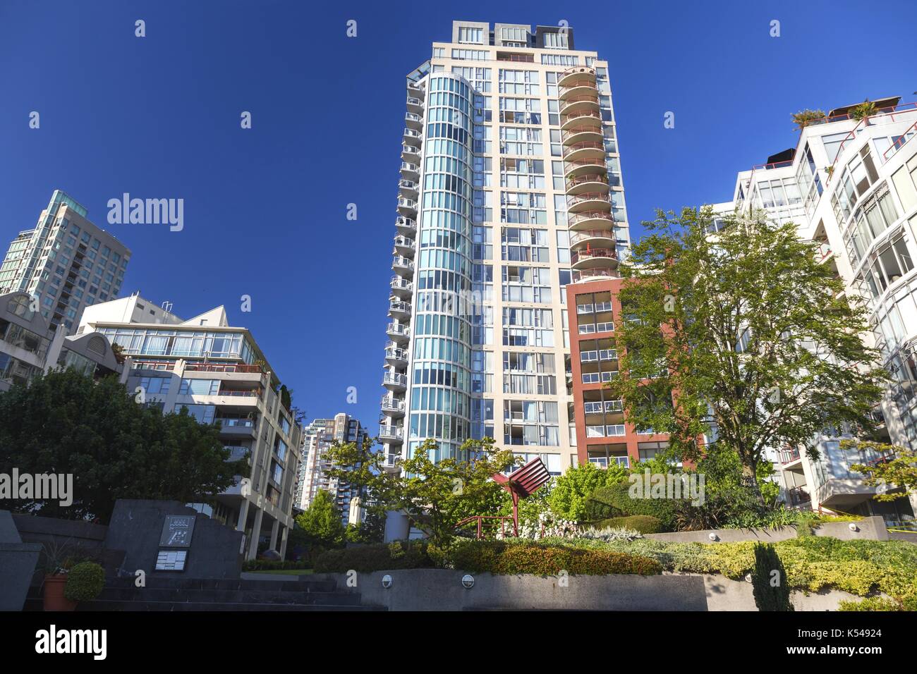 Yaletown Downtown Highrise Condo Building Houses. Vancouver City Center Blue Skyline. Expensive Real Estate British Columbia Canada Stock Photo