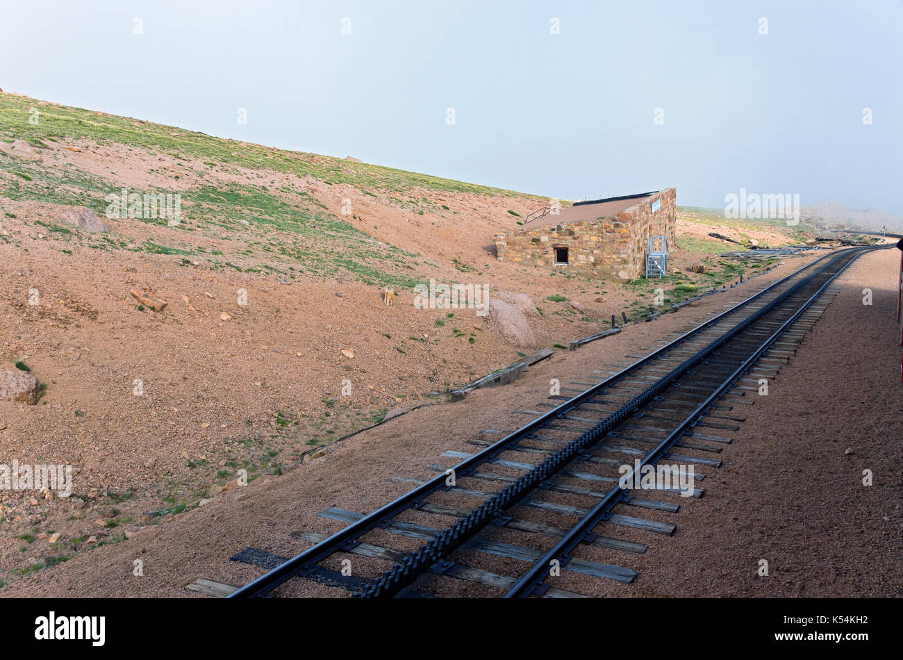 old stone station house building now abandoned along historic cog railway near summit of pikes peak colorado usa Stock Photo