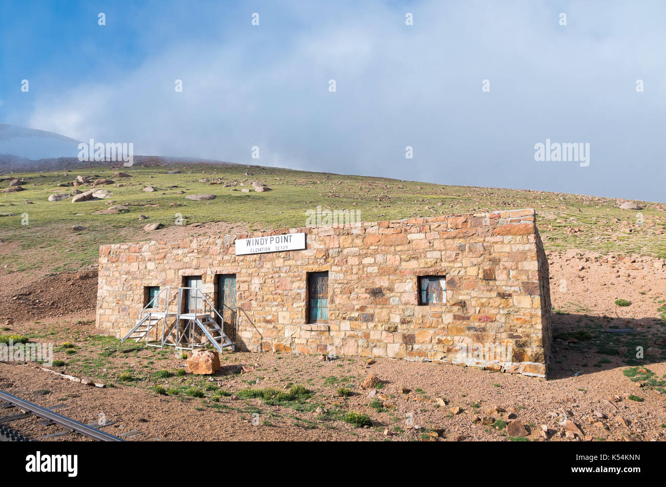 old stone station house building now abandoned along historic cog railway near summit of pikes peak colorado usa Stock Photo