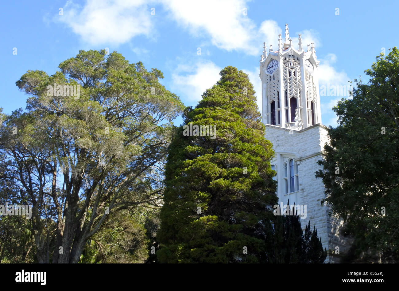 Clocktower of the Auckland University - Old Arts Building was founded in 1926. This university is the largest one in New Zealand Stock Photo