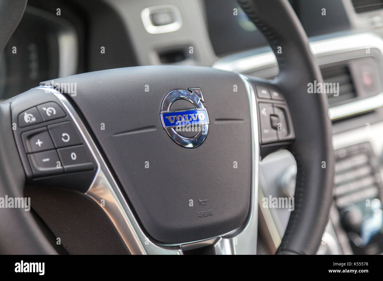 ROSTOCK / GERMANY AUGUST 12, 2017 steering wheel in a Volvo cockpit