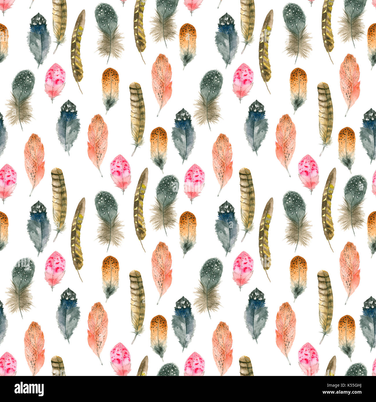 Hand drawn watercolor feather seamless pattern isolated on white. Boho ...
