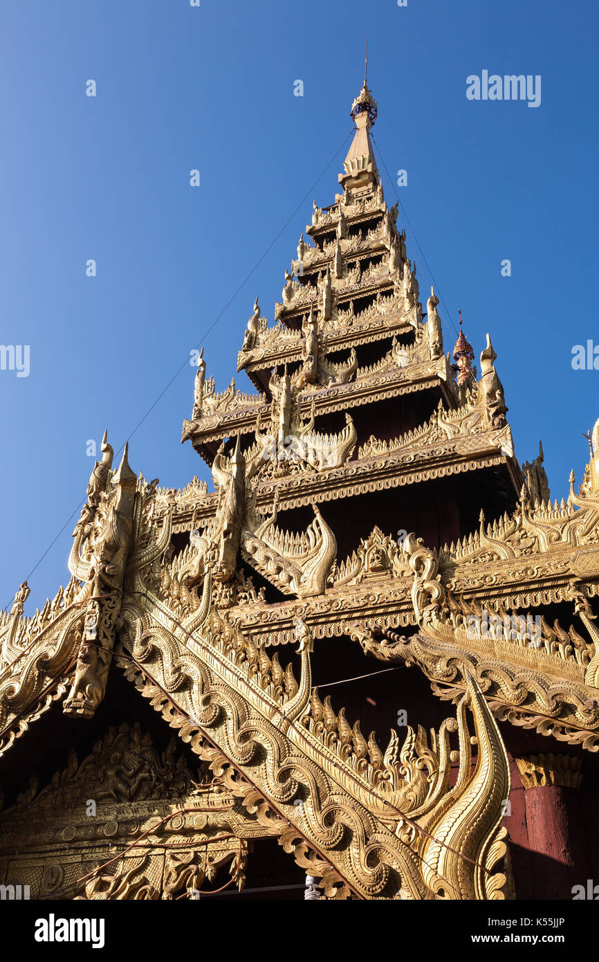 A detail of a temple tower on the religious site of the Shwezigon Pagoda in the town of Nyaung-U near Bagan in central Burma Stock Photo