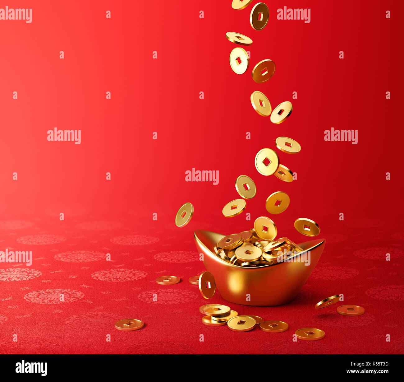 Gold coins dropping on gold sycee ( yuanbao ) - red Chinese fabric with oriental motifs background Stock Photo