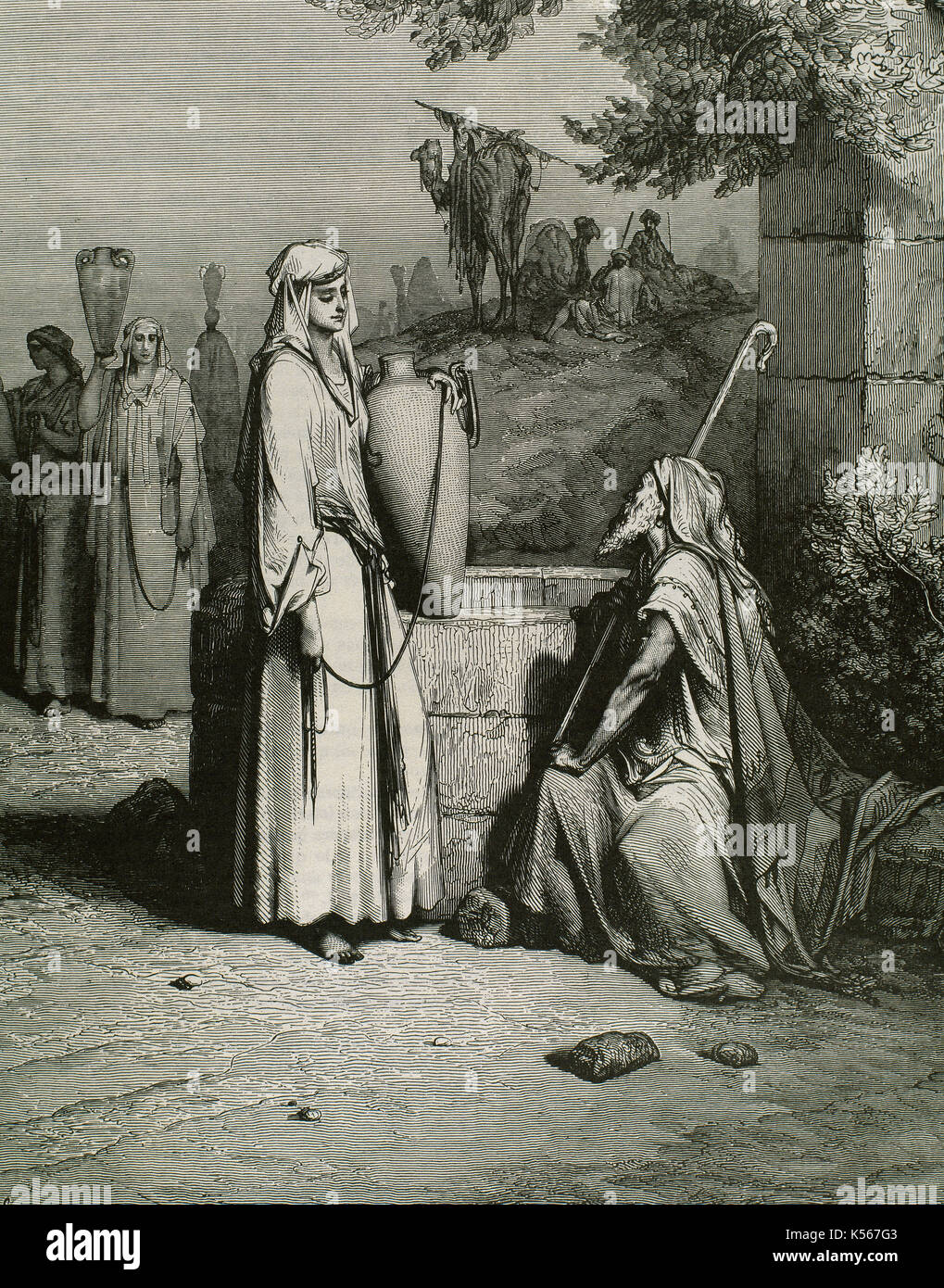 Old Testament. Book of Genesis. Rebecca and Eliezer at the well. Engraving by Gustave Dore (1832-1883). Stock Photo