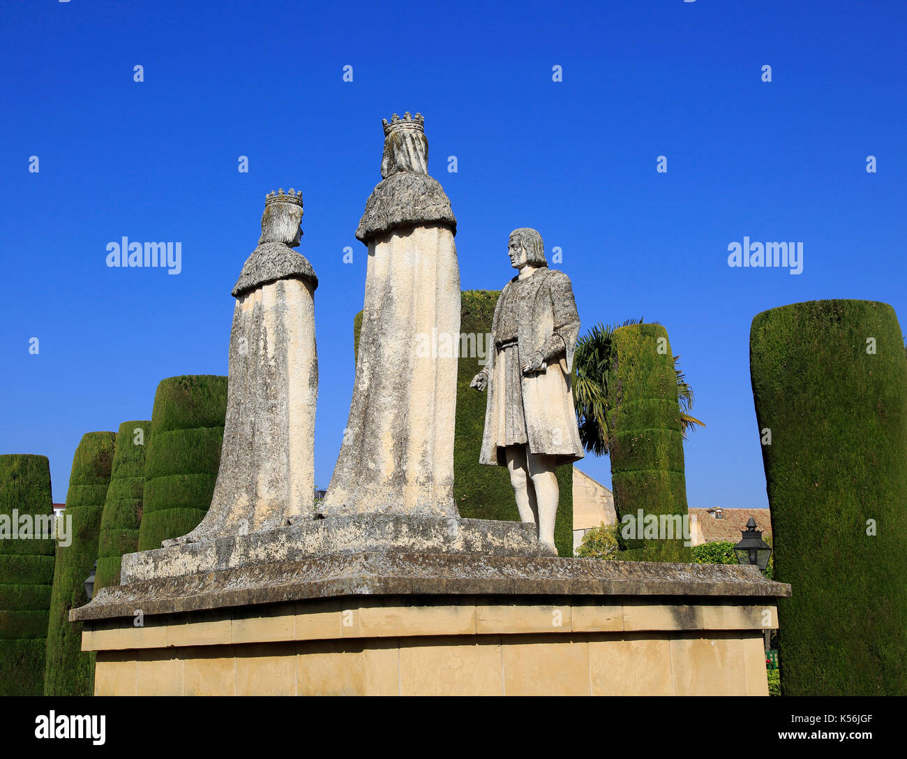 Columbus, King Ferdando, Queen Isabel statues garden of Alcazar