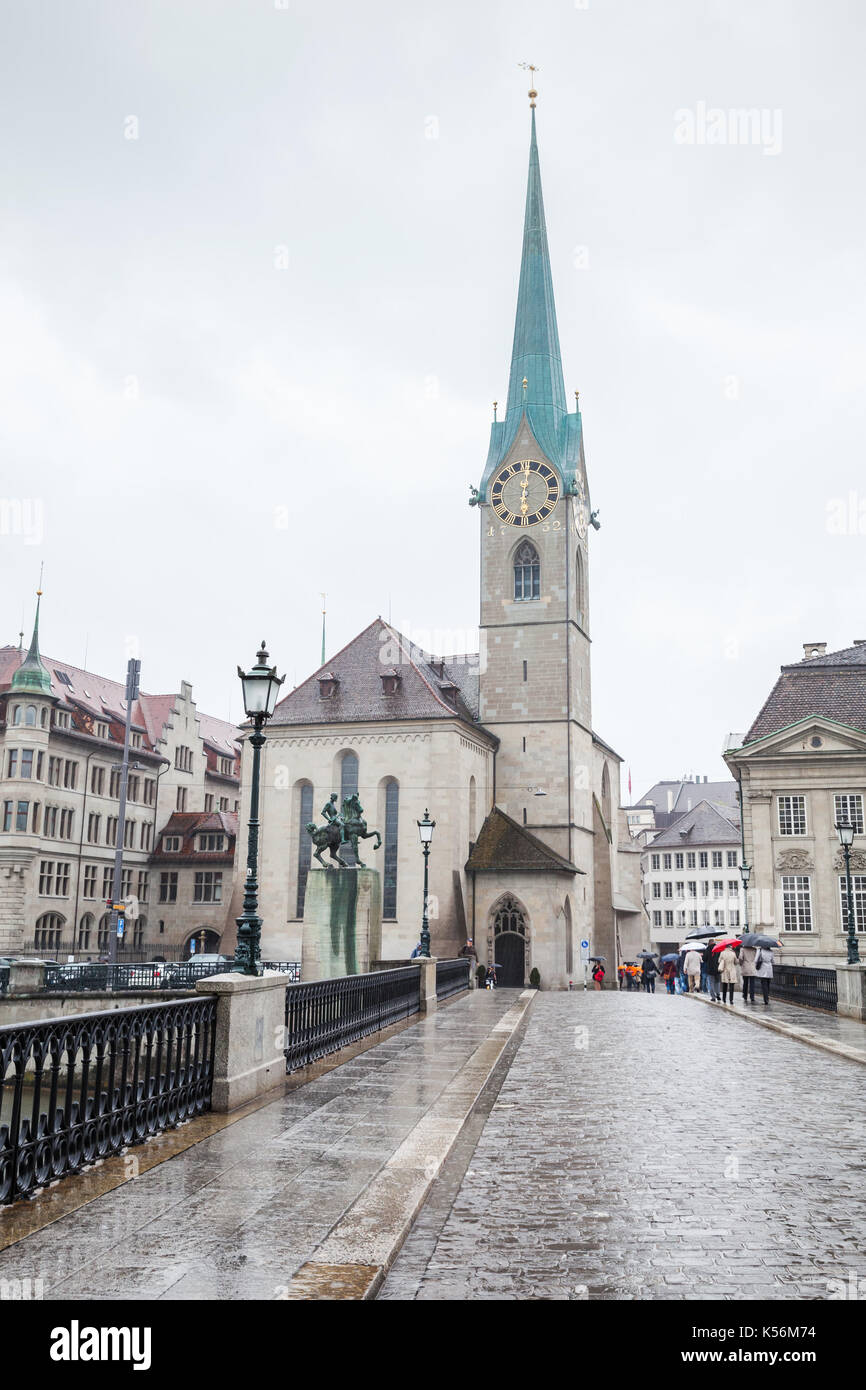Cityscape of old Zurich, Switzerland. Fraumunster Church in rainy day Stock Photo