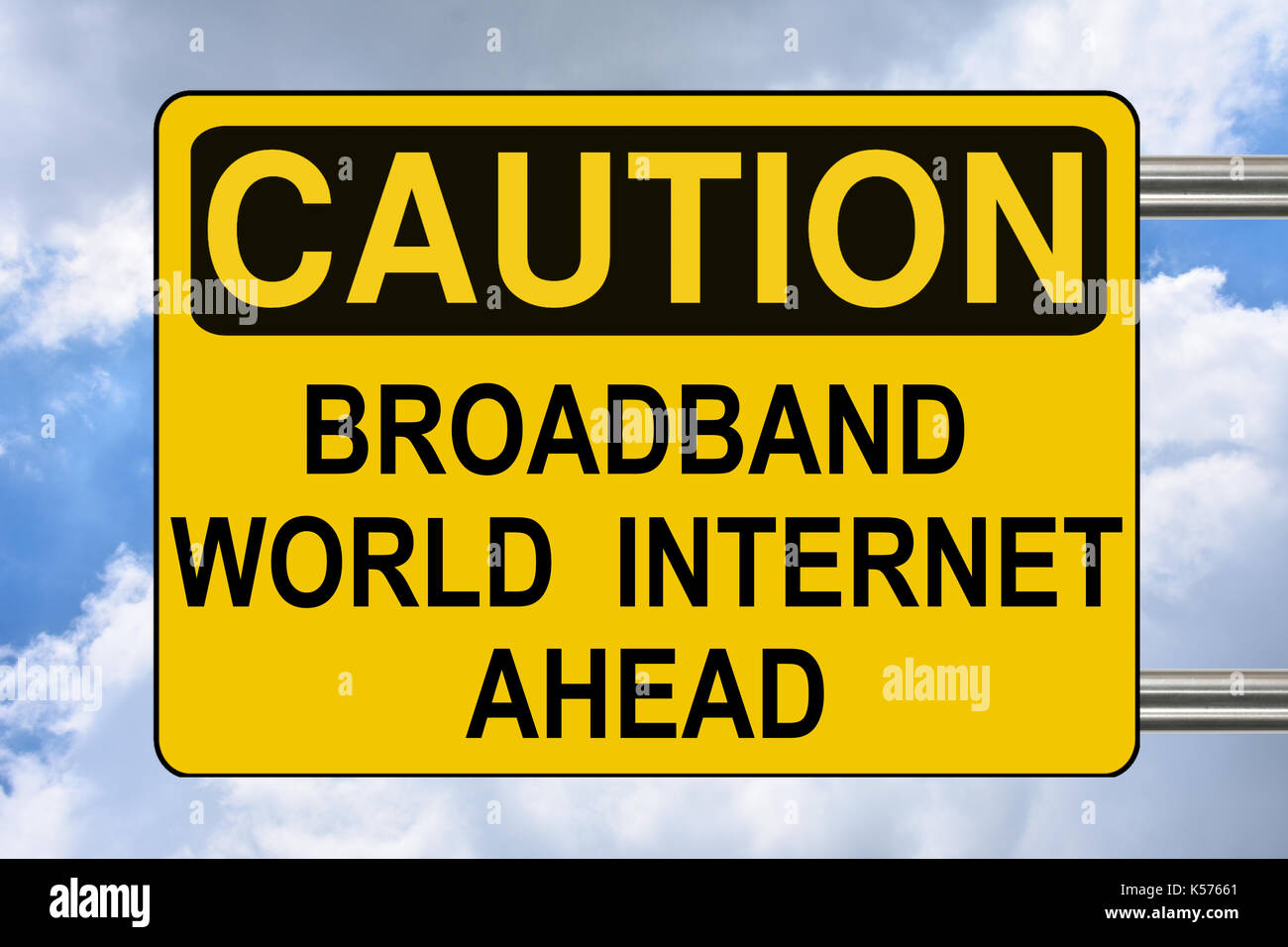 Braodband world Internet ahead, yellow caution road sign Stock Photo