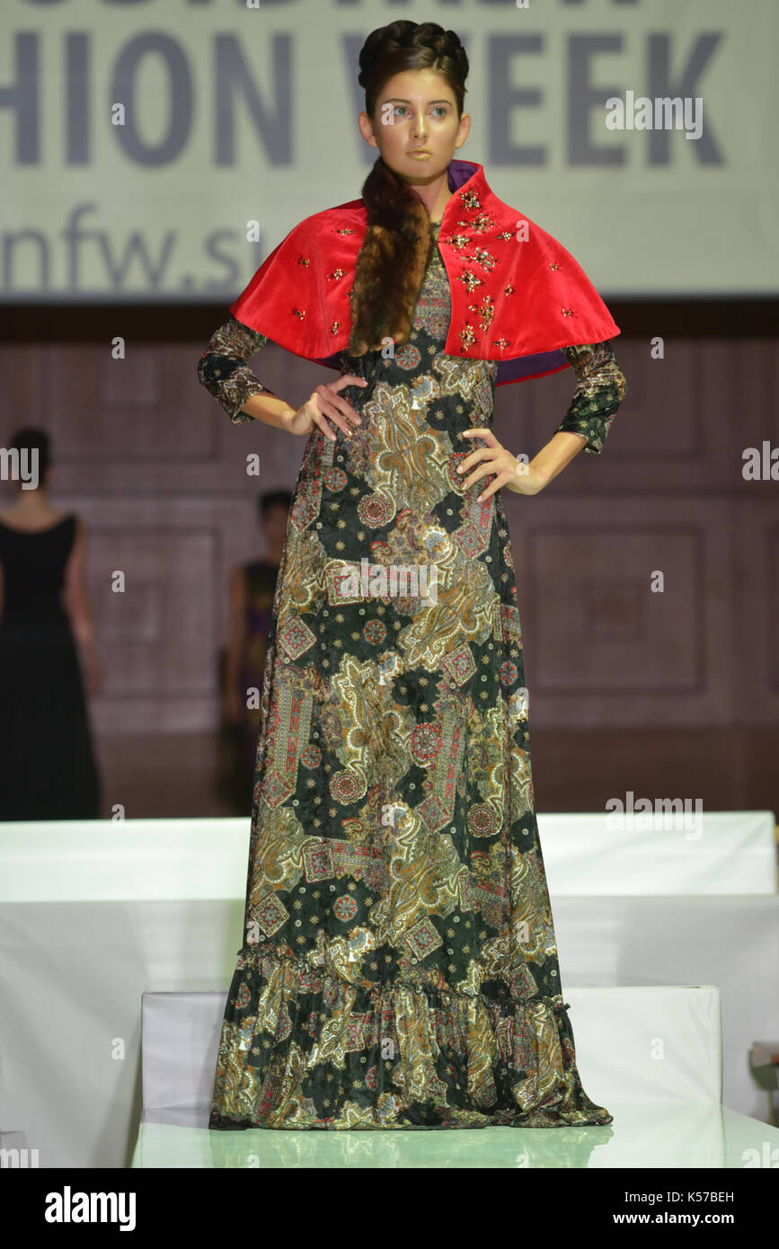 Novosibirsk, Russia - November 15, 2014: Model on the Grand defile of Novosibirsk Fashion Week. The event was held under the motto High Fashion & High Stock Photo