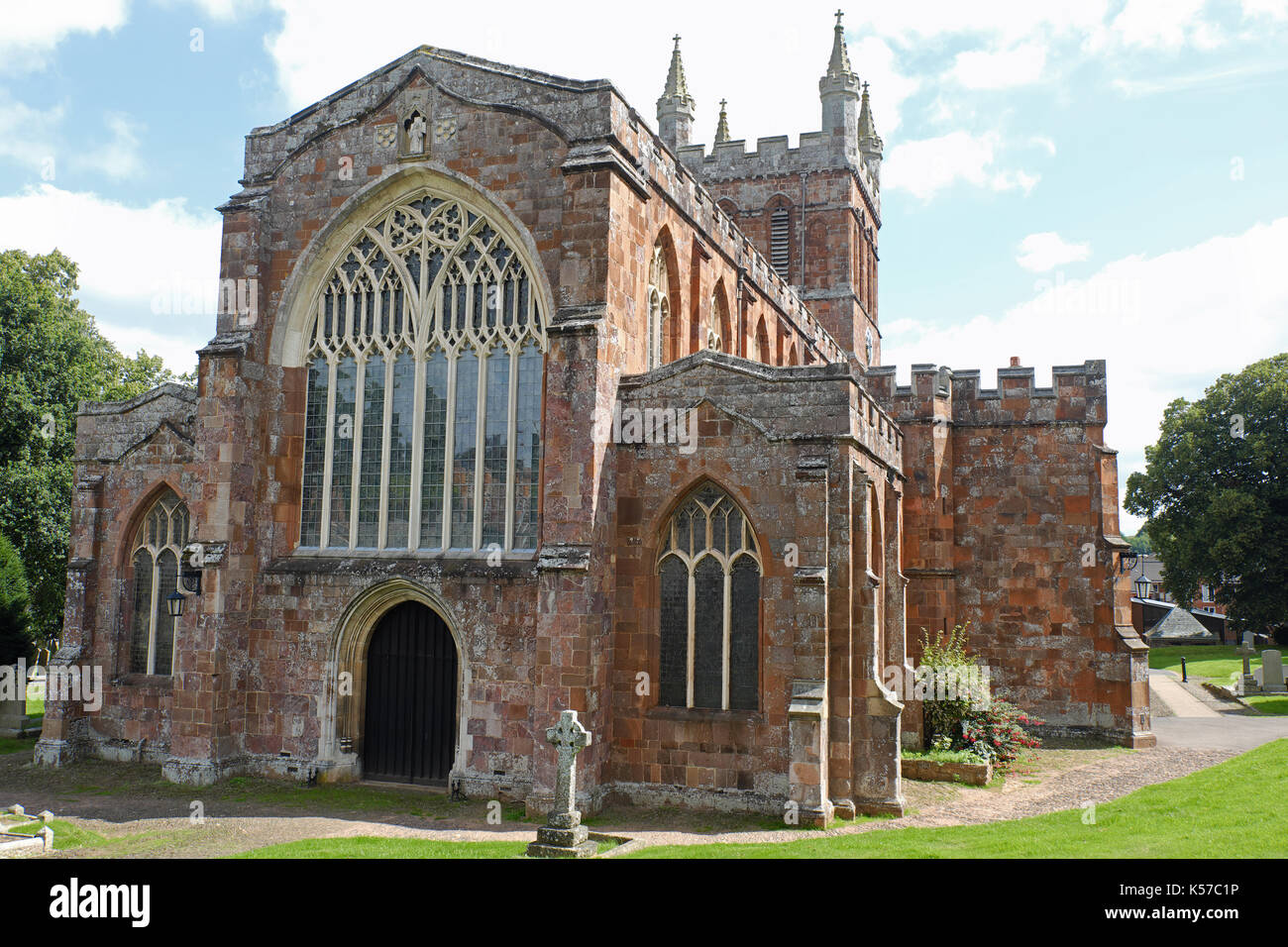 The twelfth century Crediton parish church, formerly attributed the unusual name of Church of the Holy Cross and the Mother of Him who Hung Thereon Stock Photo