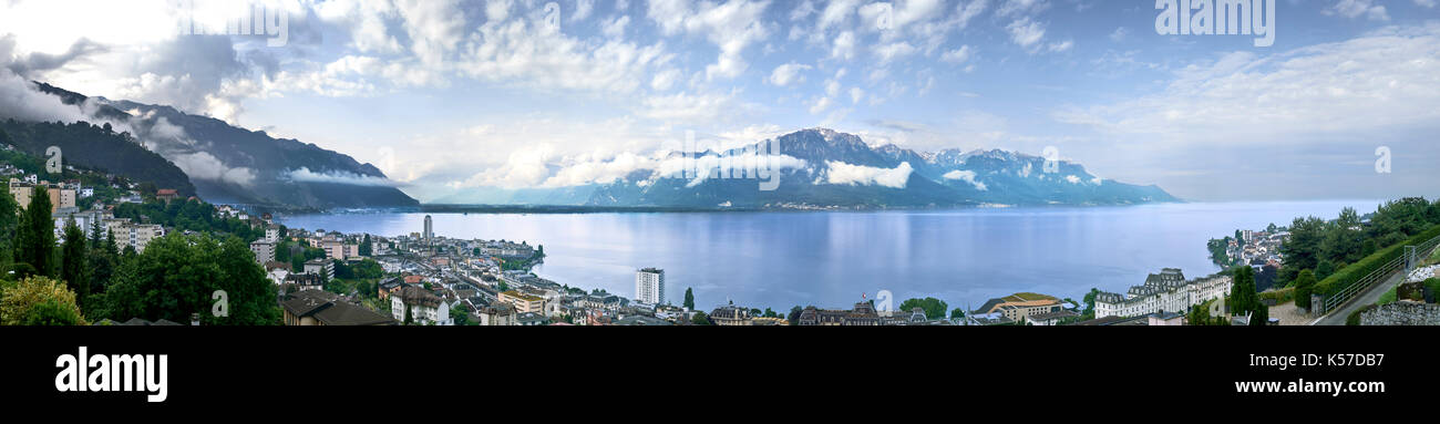 Panoramic view of Mountain range and Lake Geneva from Montreux, Switzerland Stock Photo