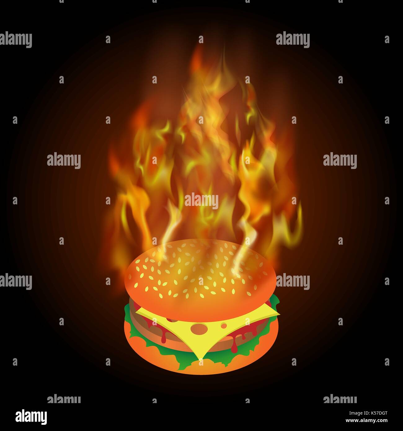 Burning Fresh Hamburger with Fire Flame Stock Vector
