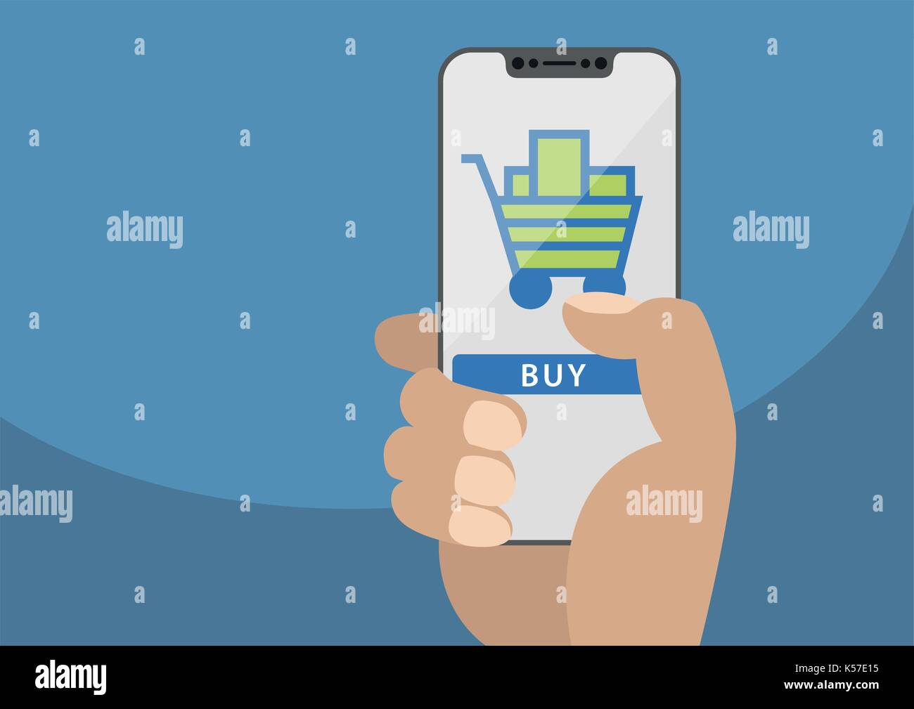 Mobile online shopping concept displayed on frameless touchscreen as vector illustration. Hand holding bezel free smartphone with icon of shopping car Stock Vector
