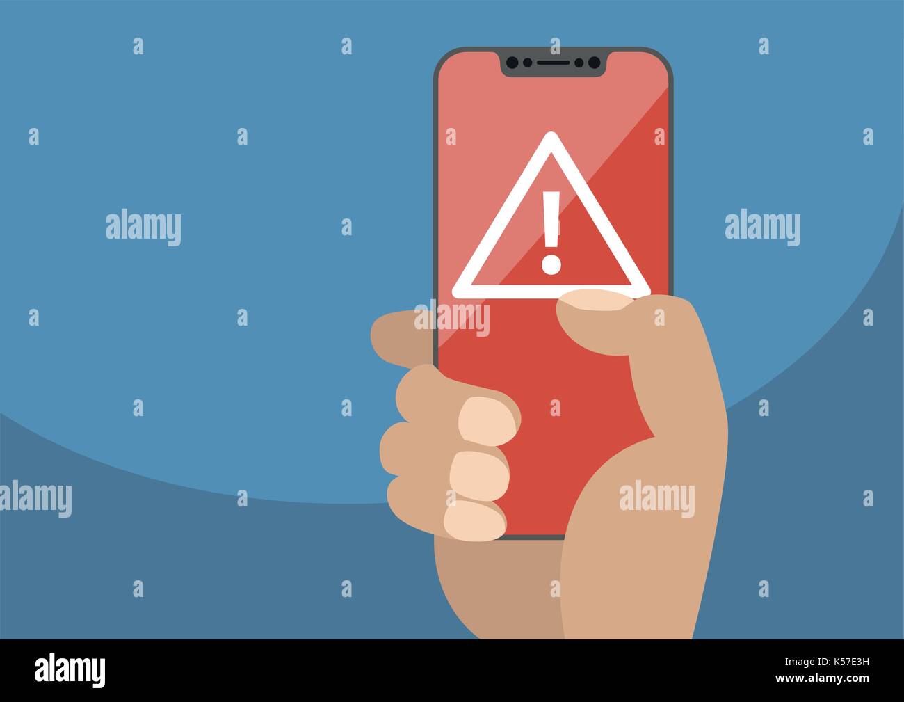 Attention or alert concept displayed on frameless touchscreen as vector illustration. Hand holding bezel free smartphone with icon of exclamation mark Stock Vector