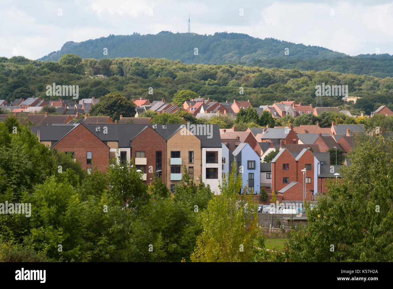 Housing development underneath the Wrekin hill at Lawley Village, Telford, Shropshire, UK Stock Photo