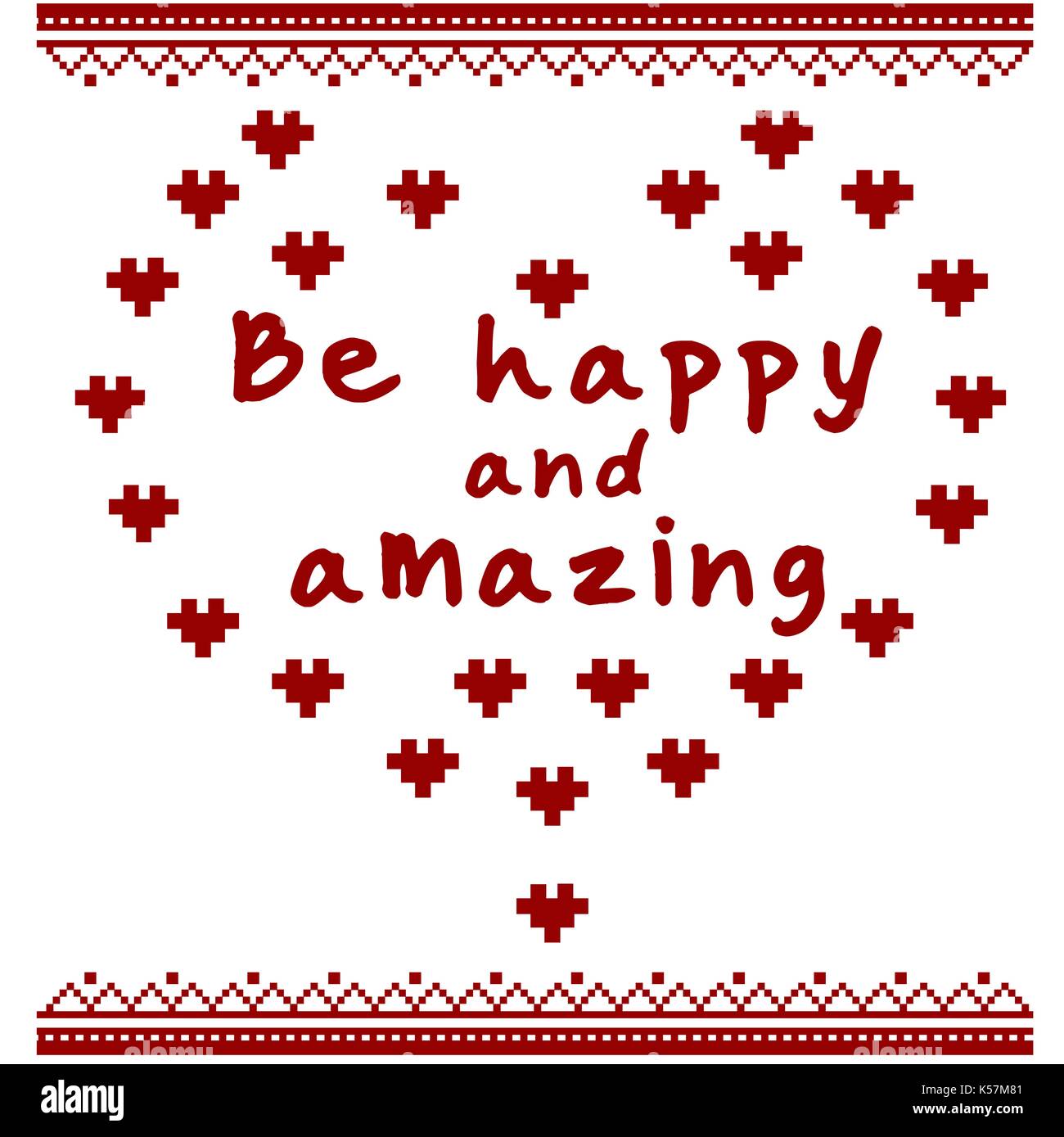 Text Be happy and loved vector text on patterned background with red heart. vector Valentine's day card, gift. Stock Vector