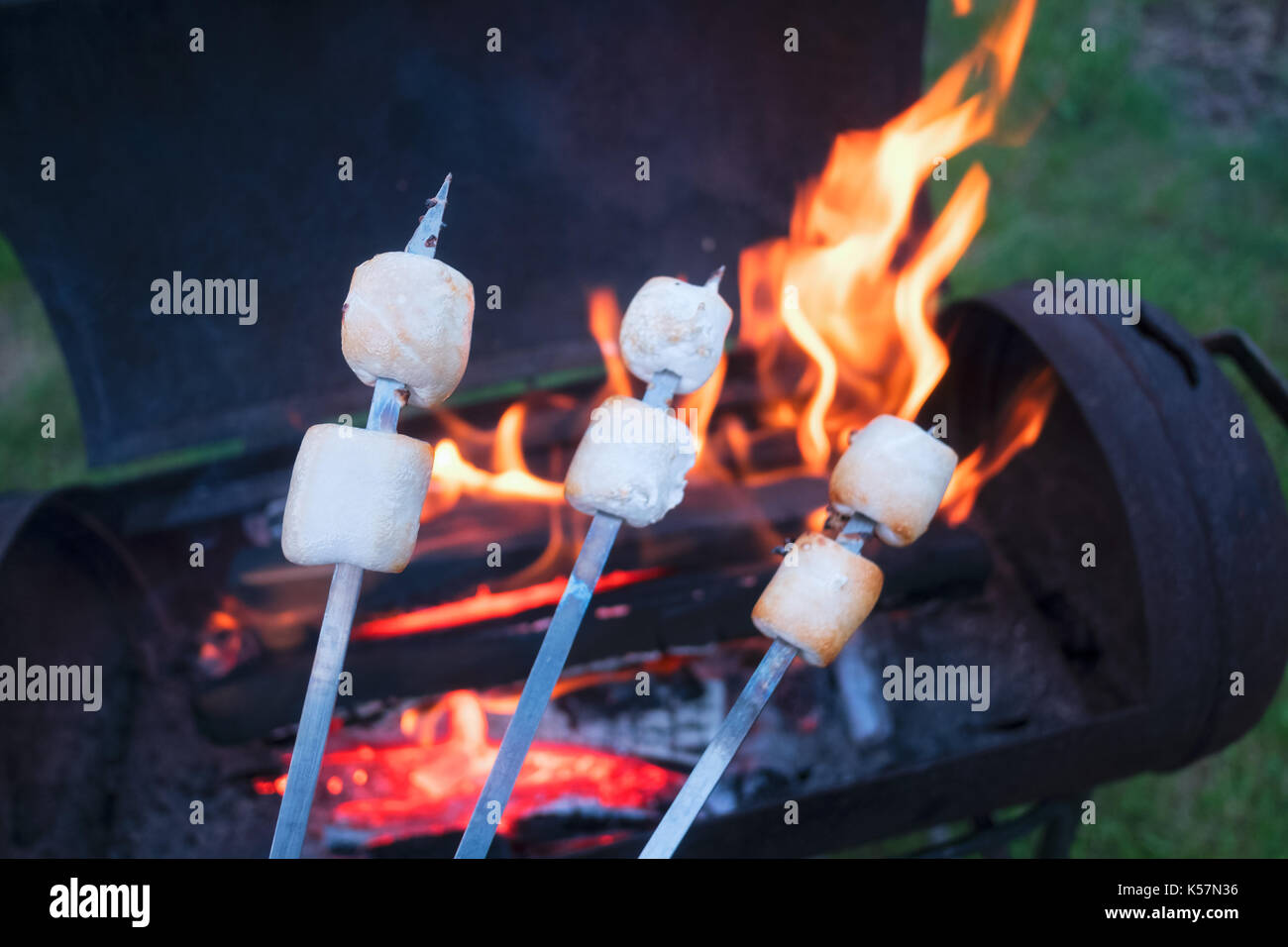 Marshmallow on metal skewer roasted on fire Stock Photo