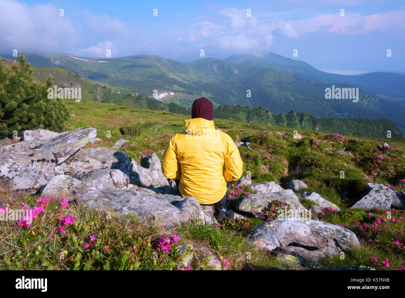 Alone tourist in yellow jacket with hands up on high mountains. Stock Photo